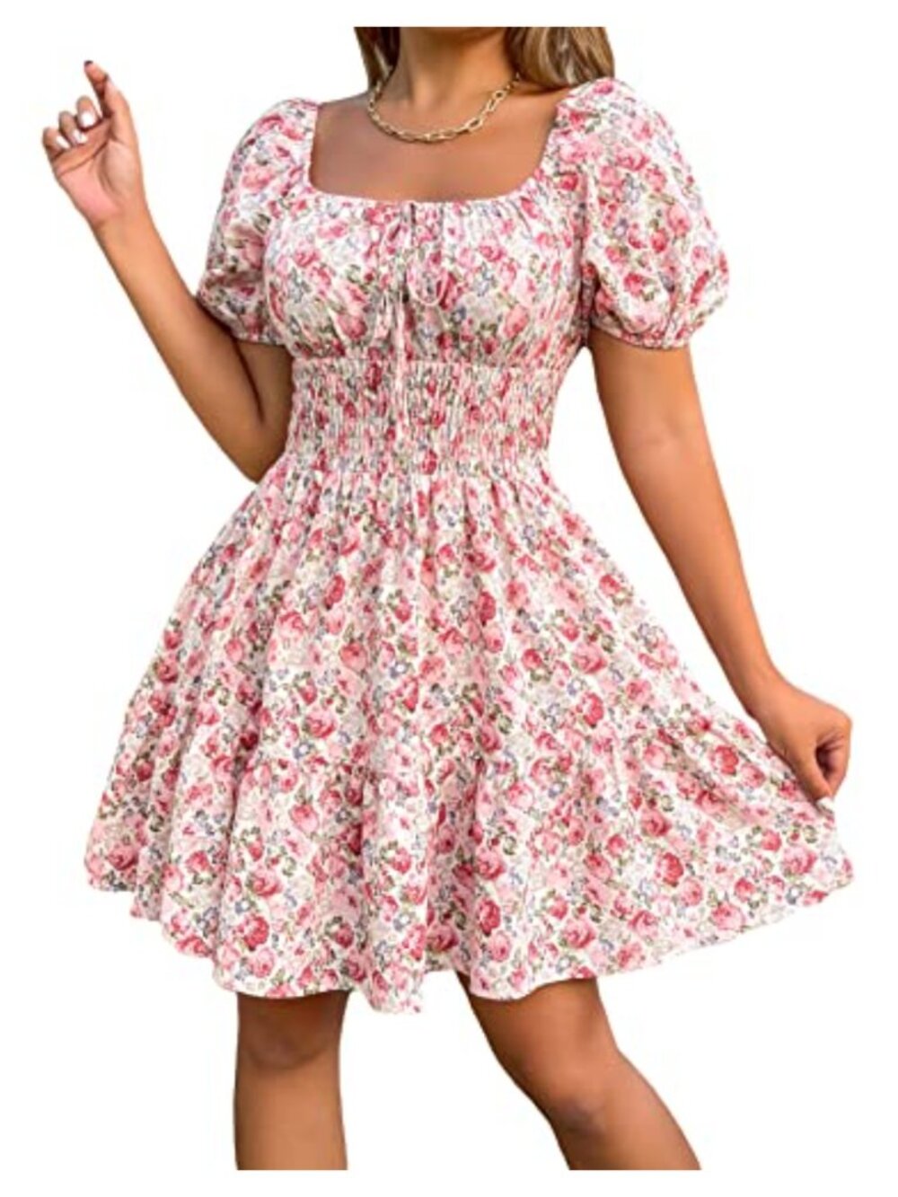 A-Line Mini Dress Puff Sleeve Tie Front Ruffle Hem Beach